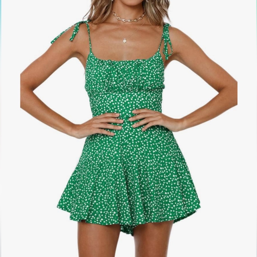 Green floral print romper